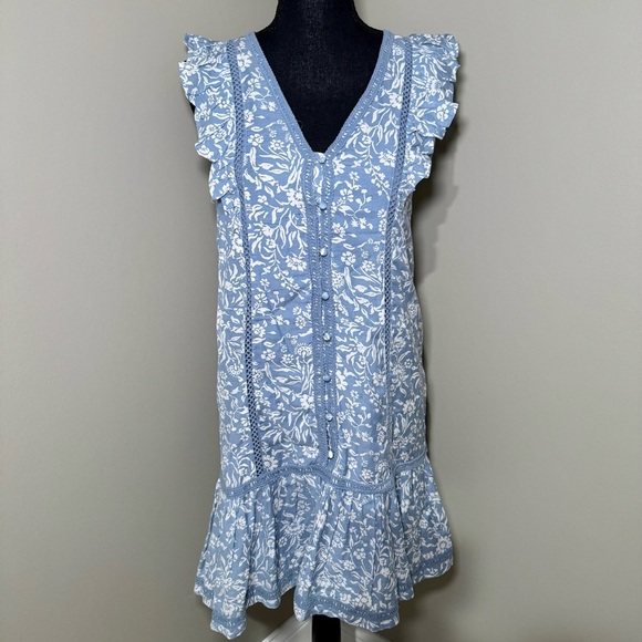 Lucky Brand‎ Lace Trim Ruffle Shoulder Flounce Floral Mini Dress blue size XS - Picture 1 of 6